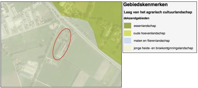 De locatie is op de gebiedskenmerkenkaart de Laag van het agrarisch cultuurlandschap aangeduid met het gebiedstype Jonge heide- en broekontginningslandschap. In figuur 4.4. wordt dit weergegeven.