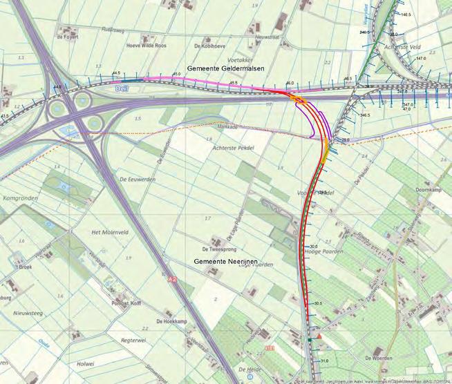 Variant V2 Gelijkvloers Bij deze variant takken beide sporen van de Zuidwestboog Meteren gelijkvloers uit van de Betuweroute.