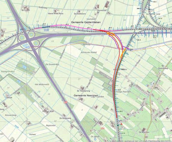 Variant E2 Bij deze variant takken beide sporen van de Zuidwestboog Meteren gelijkvloers uit van de Betuweroute.