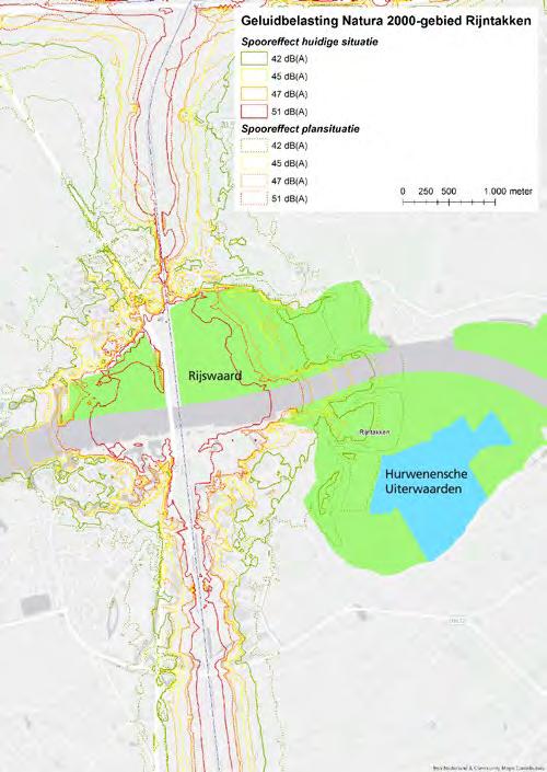 Figuur 9-5. Verandering van geluidscontouren als gevolg van PHS Meteren Boxtel in het Natura 2000-gebied Rijntakken.