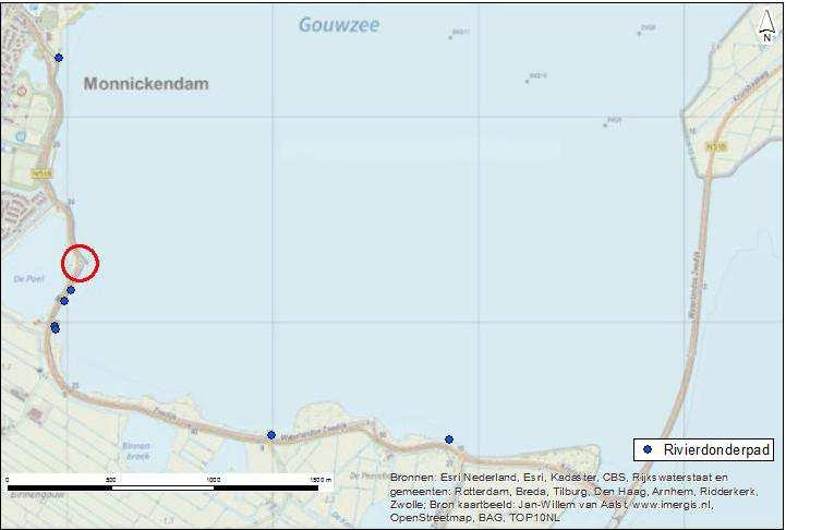 Afbeelding 3.4 Waarnemingen van rivierdonderpad in de Gouwzee en nabij de planlocatie (rode cirkel) [lit. 4] Op basis van de waterplantenverspreiding (afbeelding 3.