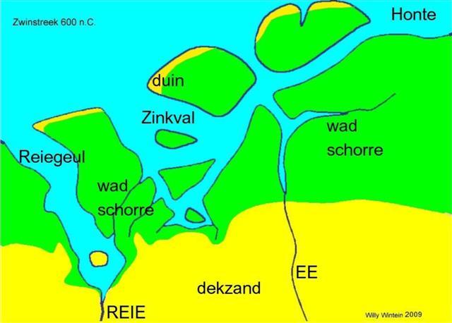 Algemene inbraak van de zee Gevolgen - zeegaten worden groter, kustbarrière verdwijnt - uitschuren getijdengeulen in de veenlaag en het dekzand - dynamisch getijdenlandschap met slikken en