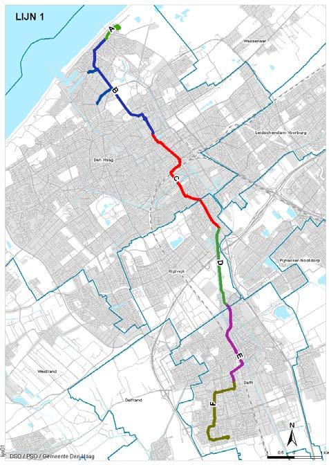 Tramlijn 1 Voor geheel lijn 1 van Scheveningen naar Delft zijn verschillende tracédelen al aangepast naar RandstadRail-kwaliteit (kaartje, delen A, C, E).