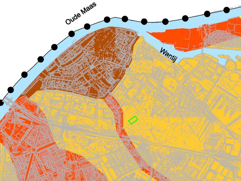 Afb. 4. De onderzoekslocatie (groen) weergegeven op een uitsnede van de beleidskaart van de gemeente Dordrecht.