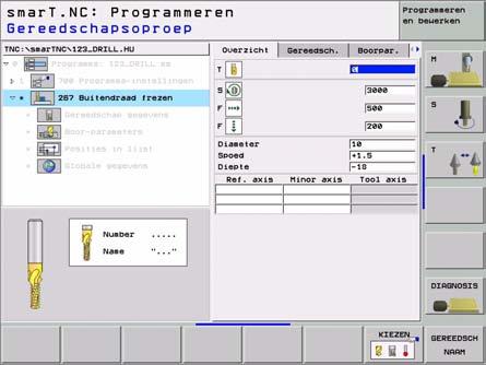 Unit 267, Schroefdraad frezen Parameters in het formulier Overzicht: Bewerkingen definiëren T: gereedschapsnummer of -naam (met softkey omschakelbaar) S: spiltoerental F: freesaanzet F F: