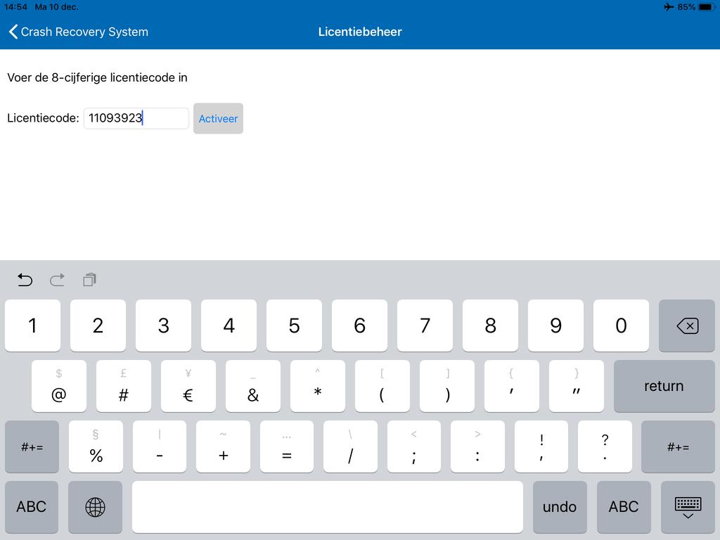 Licentiebeheer > Offline activeren > Single seat licentie invoeren Indien de gebruiker het Crash Recovery System met een Single seat licentie wil activeren, volgt dit