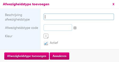 Labels aanmaken Kies in het menu Beheerstaken voor Typen afwezigheid. Hier ziet u een overzicht van de bestaande labels. Klik op Afwezigheidstype toevoegen om een nieuw label toe te voegen.