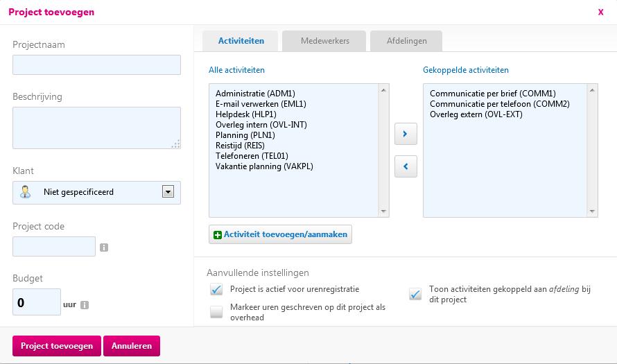 Projecten en activiteiten aanmaken Nu u medewerkers heeft toegevoegd, kunt u projecten aanmaken. Projecten vormen de basis van de roostering, urenregistratie en rapportages van OnsRooster.