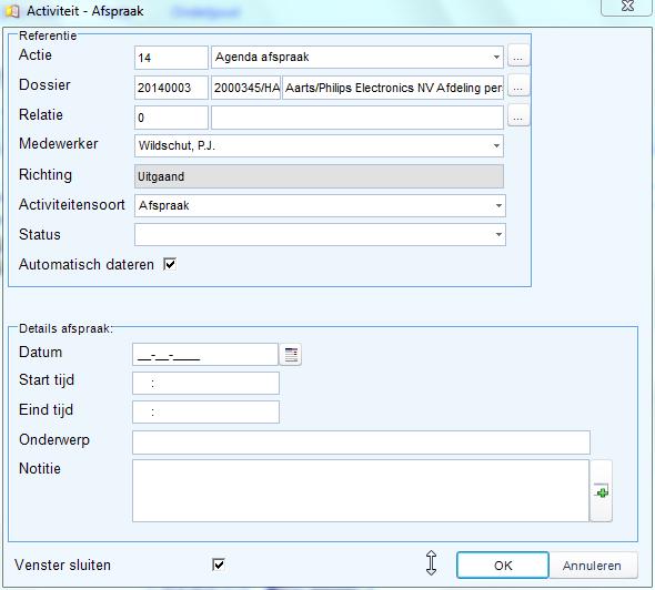 1.7.16. Afspraken vastleggen U kunt via de module Activiteiten afspraken vastleggen in de agenda van Microsoft Outlook.