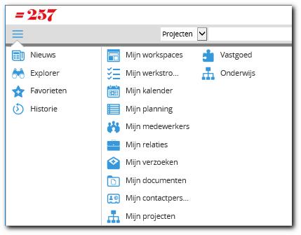 Figuur 5 Voorbeeld menu linksboven Om de entiteiten in de Monitor van relaties, medewerkers en artikelen te zien, gaat u als volgt te werk.