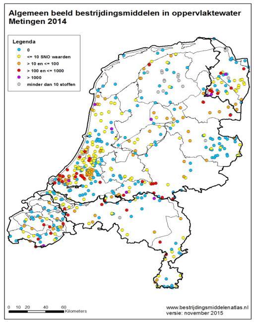 Bron Kaarten: Universiteit Leiden (CML) en Rijkswaterstaat-WVL, dowoad datum juli- september 2016, www.bestrijdingsmiddelenatlas., versie van database, 2015.