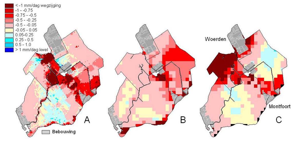 De verschillen tussen de hier berekende kwel/wegzijging en B en C zijn niet consistent en leveren geen aanleiding voor modelaanpassingen.