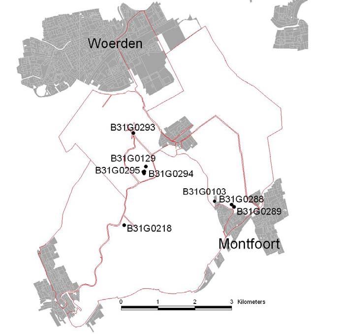 Om de berekende grondwaterstanden te beoordelen zijn deze vergeleken met peilbuismetingen. Er liggen zeven bruikbare meetpunten voor het freatisch grondwater in het interessegebied (figuur 3-11).