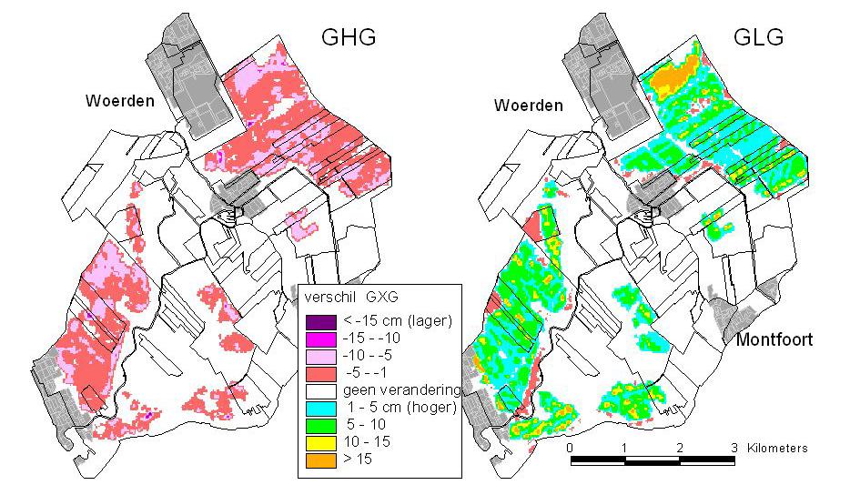 De aanwezigheid van onderwaterdrains in strategie 3 heeft in vergelijking met de strategie zonder drains (strategie 2) een lagere GHG en een hogere GLG tot gevolg (figuur 4-3).