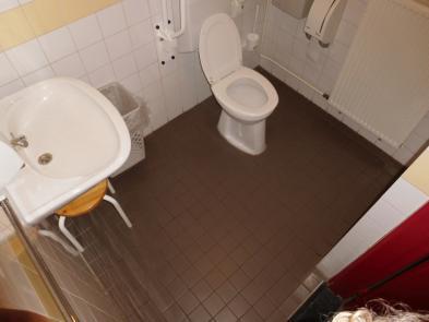 Sanitair Het rolstoeltoegankelijk toilet is klein ca 15