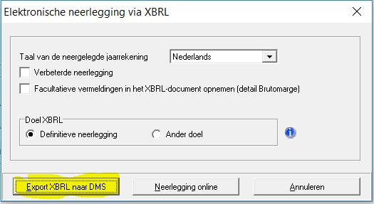 Elektronische neerlegging via XBRL Bij het aanmaken van het XBRL-bestand wordt dit bestand o o in het DMS geplaatst de (sub)taak Opmaak jaarrekening NBB wordt afgevinkt, indien dit zo ingesteld is in