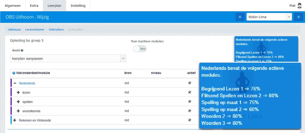 Leerplan aanpassen Je kunt vakken, vakonderdelen of lesmodules uit- of inschakelen schakelen door in de actief-kolom aan- of uit te vinken.