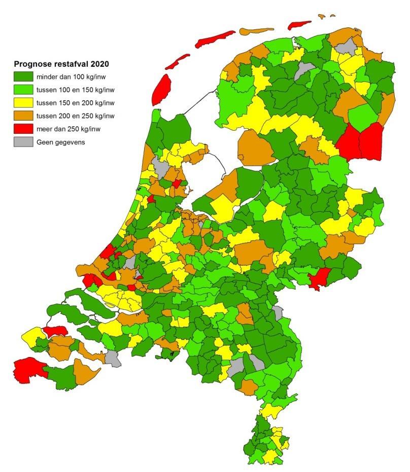 Figuur 2: Prognose hoeveelheid huishoudelijk restafval in 2020 (op basis van enquête VANG-HHA onder gemeenten) Naast gemeenten zijn ook vertegenwoordigers van publieke bedrijven die huishoudelijk