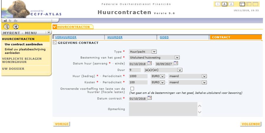 SCHERM CONTRACT Kies in het rolmenu het documenttype en de bestemming van het goed Uitsluitend huisvesting.