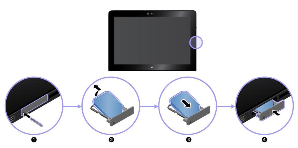 U kunt als volgt een micro-sim-kaart vervangen of plaatsen: 1. Schakel de tablet uit. Steek een uitgerekte paperclip in het gaatje van de micro-sim-kaartlade.