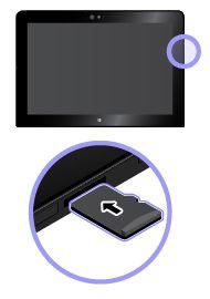 Een Micro-SD-kaart plaatsen: Houd de kaart met de metalen contactpunten omlaag en in de richting van de tablet. Steek de kaart stevig in de micro-sd-kaartlezer totdat u een klik hoort.