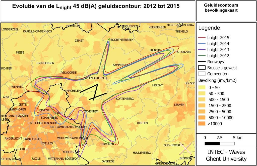 3.3 Geluidsbelasting rond Brussels Airport gedurende de nachtperiode De Europese richtlijn omgevingslawaai (END, 2002) weerhoudt de parameter L nacht voor de evaluatie van de verstoring van de