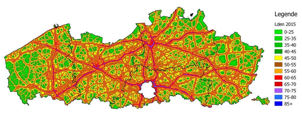 7 GELUIDSKAART WEGVERKEER 2015 Figuur 24: L den geluidskaart wegverkeer voor Vlaanderen (2015)