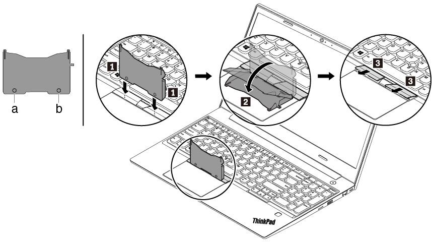 5. Haal het gereedschap uit het pakket met het nieuwe toetsenbord. Plaats de nokjes a en b in de sleuf tussen de TrackPoint-knoppen en de trackpad 1.