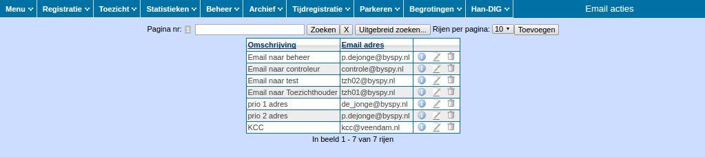 Email acties Deze menukeuze betreft een overzicht op het scherm van alle Email acties. Door in de rechterkolom op te klikken, kan de beheerder de gegevens van de Email actie bekijken.