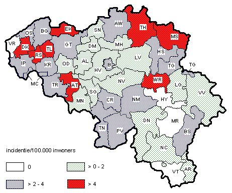 Geografische spreiding De postcode van de patiënt was voor 266 van de 267 stammen bekend: 62% van de gevallen zijn in Vlaanderen waargenomen, 25% in Wallonië en 13% in Brussel (tabel 3). Tabel 3 : N.