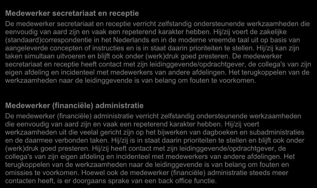 2.3 De opleiding 2.3.1 Het beroep Medewerker secretariaat en receptie De medewerker secretariaat en receptie verricht zelfstandig ondersteunende werkzaamheden die eenvoudig van aard zijn en vaak een