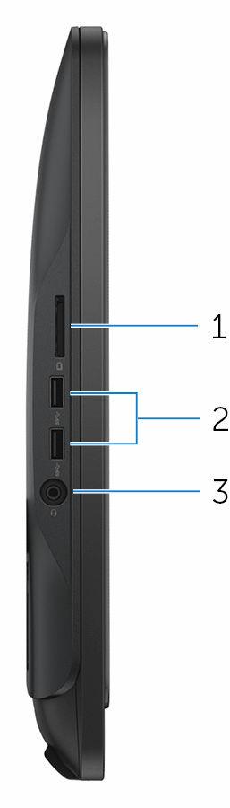 Links 1 Mediakaartlezer Hiermee kunt u mediakaarten lezen en schrijven. 2 USB 3.0 poorten (2) Sluit randapparatuur aan zoals opslagapparaten en printers.