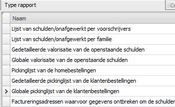 b) Globale pickinglijst van de klantenbestellingen Via Rapporten/Schulden-Onafgewerkt is een nieuw rapport toegevoegd: In dit rapport krijgt u een