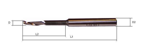 1.7 HSS-frezen met 1 snijkant en afgedraaide schacht voor PVC en ALUMINIUM Bestelnummer D Afmetingen in mm Totale lengte L1 L2 D2 Rotation Removal Down 339041645 4 90 16/45 8 18.000 1.