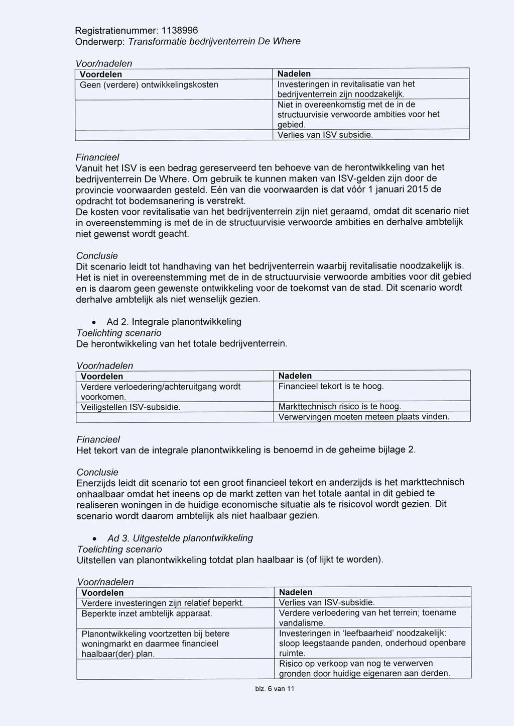 Voor/nadelen Voordelen Geen (verdere) ontwikkelingskosten Nadelen Investeringen in revitalisatie van het bedrijventerrein zijn noodzakelijk.