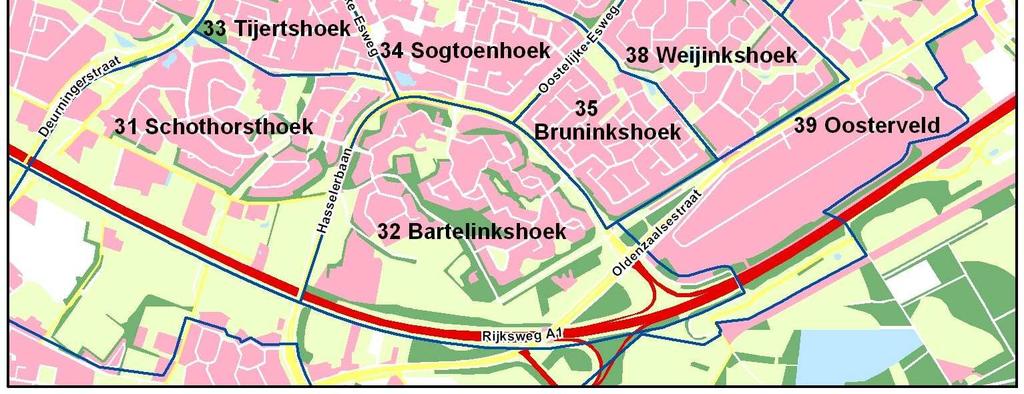 De Hasseler Es bestaat uit tien woonbuurten; de Bovenhoek (buurt 30), de Schothorsthoek (buurt 31), de Bartelinkshoek (buurt 32), de Tijertshoek (buurt 33), de Sogtoenhoek (buurt 34), de Bruninkshoek