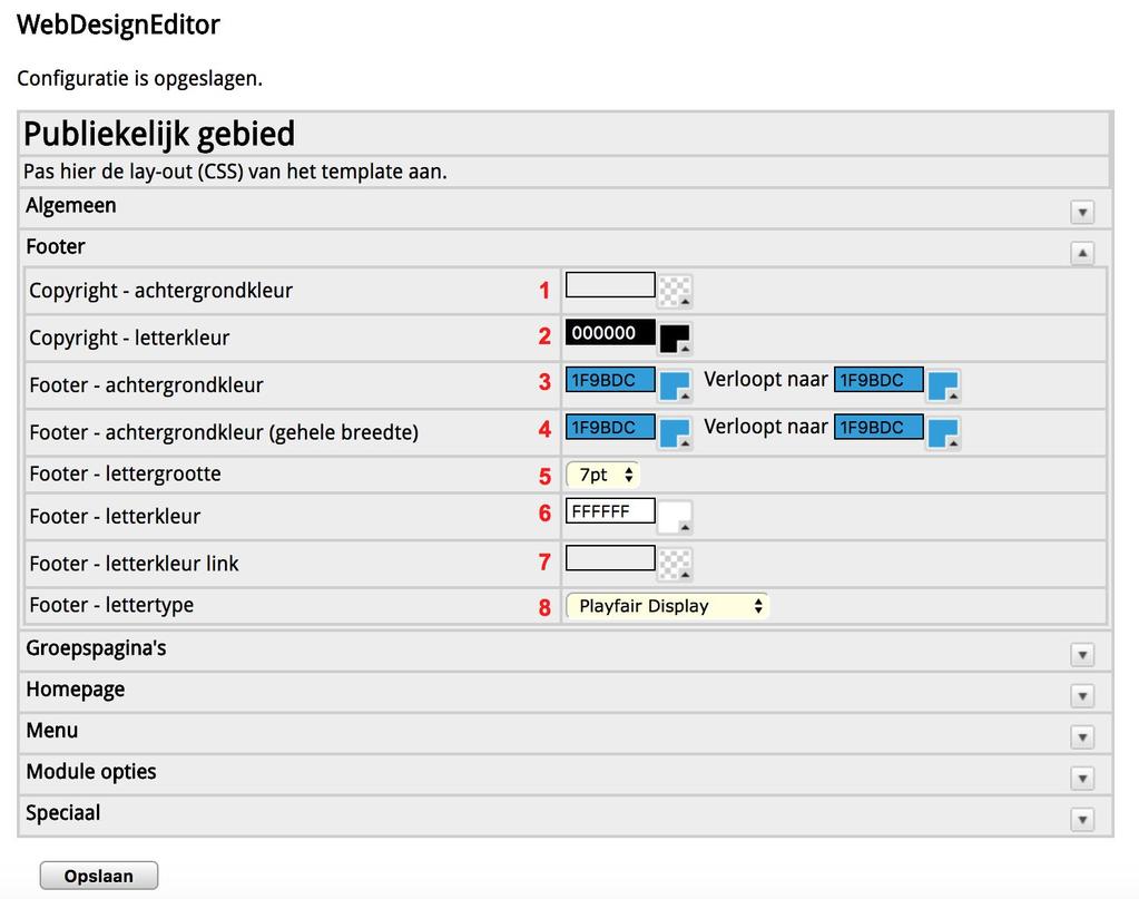 7.2 Footer Wanneer je gebruik maakt van de footer op de website kun je hier de kleuren instellen. Hieronder zie je een footer weergegeven.