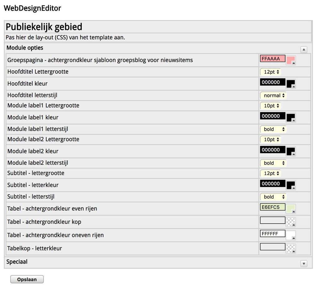 7.6 Module opties Het aanpassen van kleuren in tabellen die worden weergegeven, de letterstijl in bepaalde modules en de achtergrondkleur van de groepsblog voor nieuwsitems kan hier