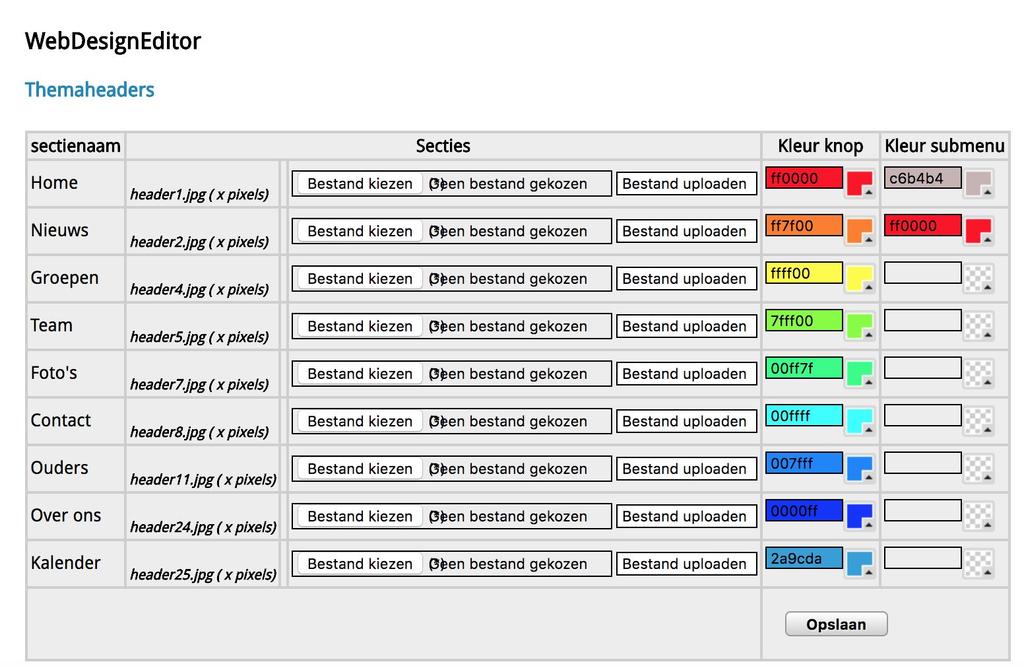 2. Secties Wanneer je alle menuknoppen een separate kleur wilt geven kun je hier per sectie de knop in een icoon veranderen of de standaard kleur van de knoppen aanpassen waardoor je de website weer