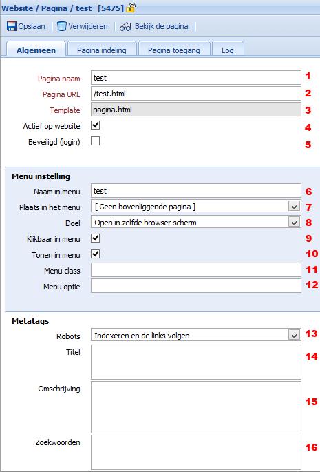Pagina > tab Algemeen Het gaat hier om algemene instellingen voor de pagina. Het betreft hier geen zichtbare content, deze bevinden zich onder de tab Pagina Indeling. 1.