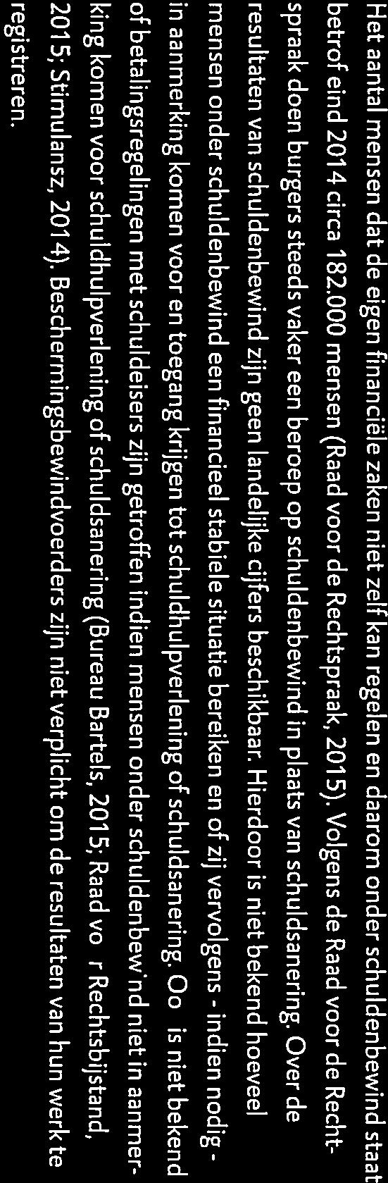 Schuldenbewind Het aantal mensen dat de eigen financiële zaken niet zelf kan regelen en daarom onder schuldenbewind staat, betrof eind 2014 circa 182.000 mensen (Raad voor de Rechtspraak, 201 5).