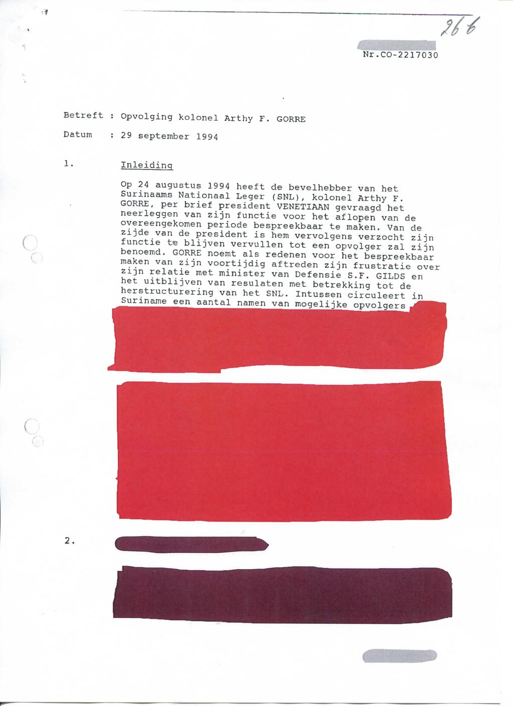 Nr.CO-2217030 Betreft : Opvolging kolonel Arthy F. GORRE Datum : 29 september 1994 1. Inleiding ( 1 Op 24 augustus 1994 heeft de bevelhebber van het Surinaams Nationaal Leger (SNL), kolonel Arthy F.