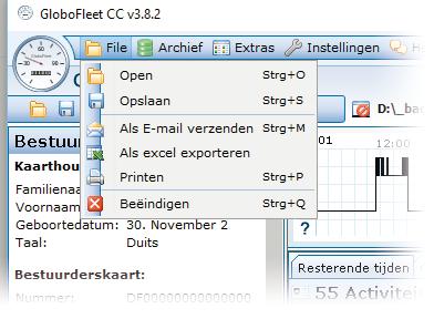 Menu CardControl 1 2 3 4 5 6 1 File > Open: Opent eender welke bestuurderskaartfile. 2 File > Opslaan Slaat de weergegeven gegevens op in landenspecifiek formaat (.ddd /.tgd /.v1b /.c1b).