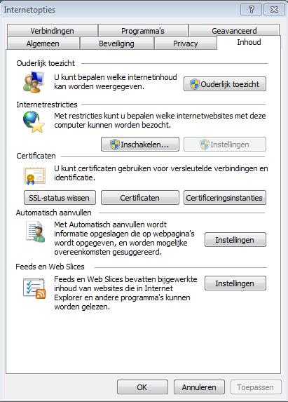 dan) en kies Internet Opties. Kies het tabblad Inhoud.