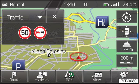 Verkeer Afbeelding 26 Splitscreen: Verkeerstekens In het splitscreen GPS (Global Positioning System) wordt informatie over de momentele geografische wagenpositie weergegeven.