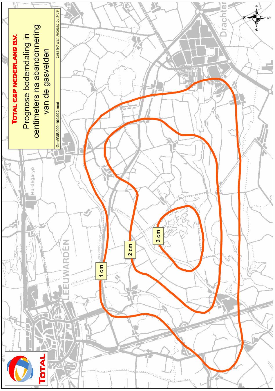 Bijlage M1 Leeuwarden en Nijega kaart met daarop de contouren van de verwachte uiteindelijke totale mate van bodemdaling ten gevolge van de