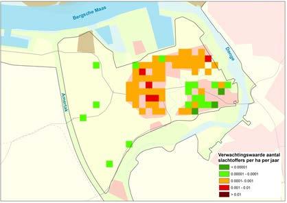 Figuur 6-5: Ruimtelijke verdeling van de verwachtingswaarde van het aantal slachtoffers per hectare per jaar.