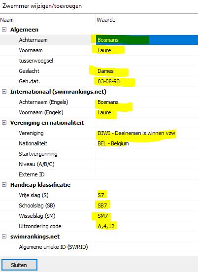 - Vul alle velden in met geel gearceerd: - Klik op Sluiten indien alles volledig - Selecteer de toegevoegde zwemmer; onderaan in het scherm zie je dan alle programma nummers waaraan de zwemmer kan