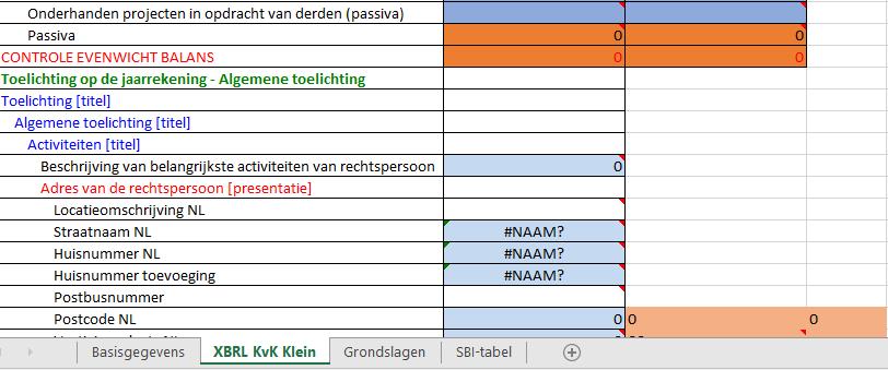 Ook hier hebben de velden verschillende kleuren, die in de legenda worden verklaard: Op het derde tabblad worden de grondslagen die in het XBRL-rapport zijn opgenomen, nader omschreven.