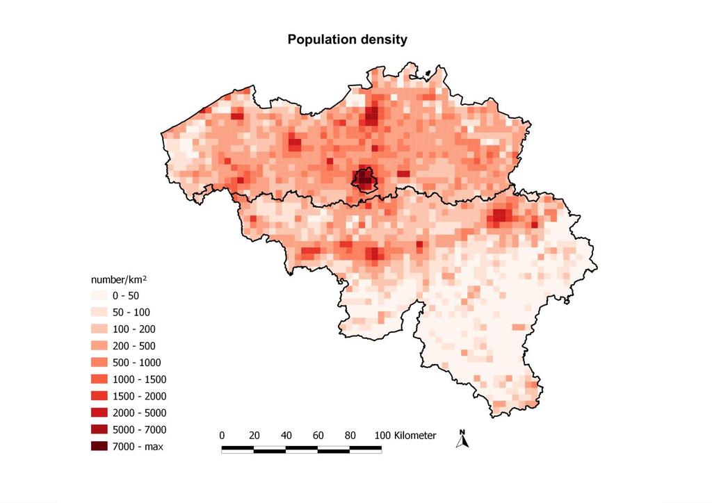Figuur 3: Bevolkingsdichtheid per RIO-roostercel (Bron: Bevolkingscijfers Statistics Belgium).